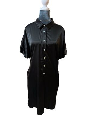 Black Satin Shirt Mini Dress - Women